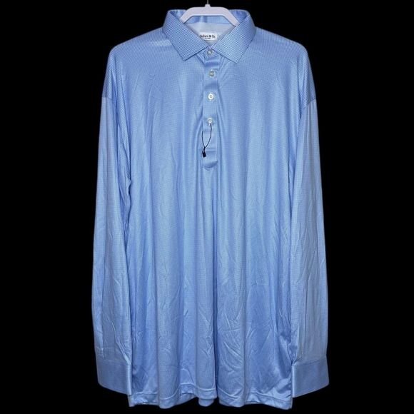 Collars & Co Polo Shirt Mens 2XL Blue White Houndstooth Long Sleeve Dress Preppy - Picture 1 of 8